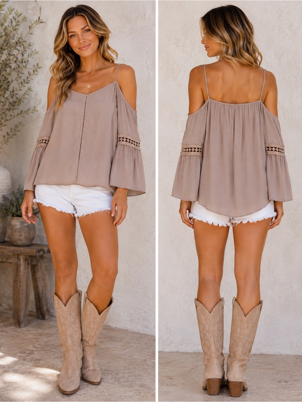 Show Me Your Mumu Cold Shoulder Bell Sleeve Top Taupe Blush Size Small NWT